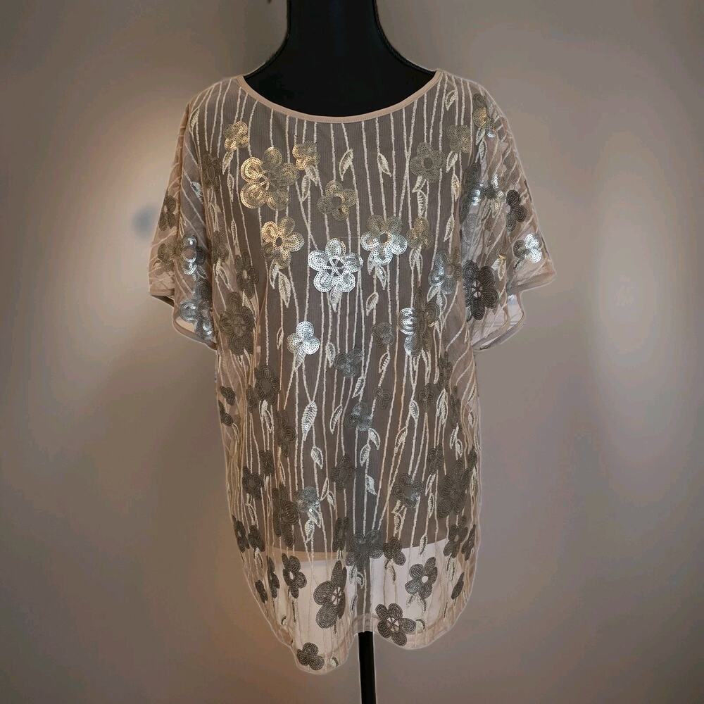 Bob Mackie Wearable Art Sheer Sequin Floral Top S Nude Mesh Evening Embroidered